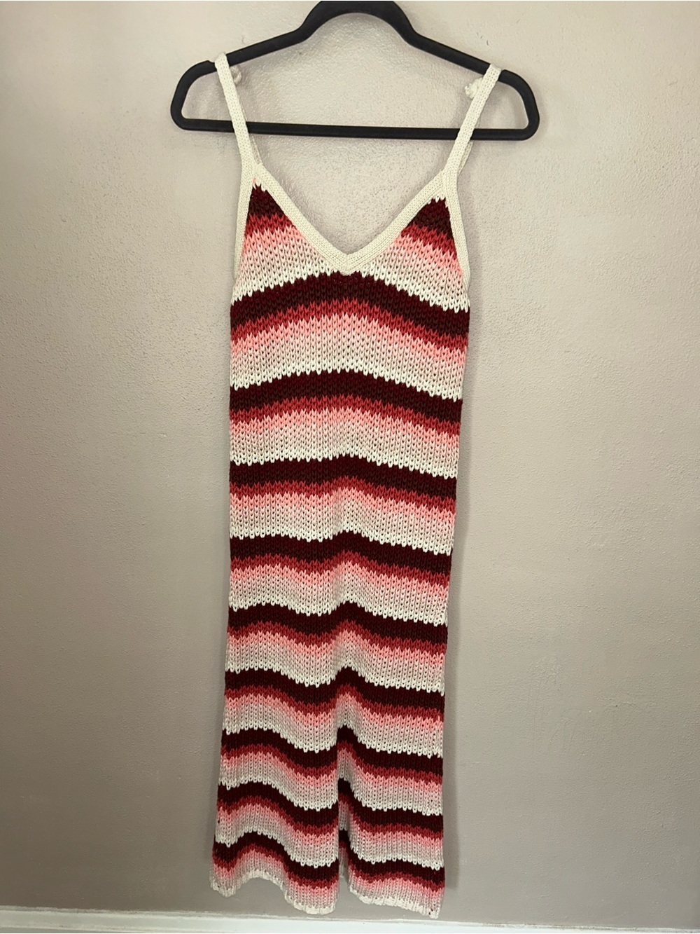 ZARA CROCHET KNIT striped midi burgundy cream dress coastal - Picture 3 of 5